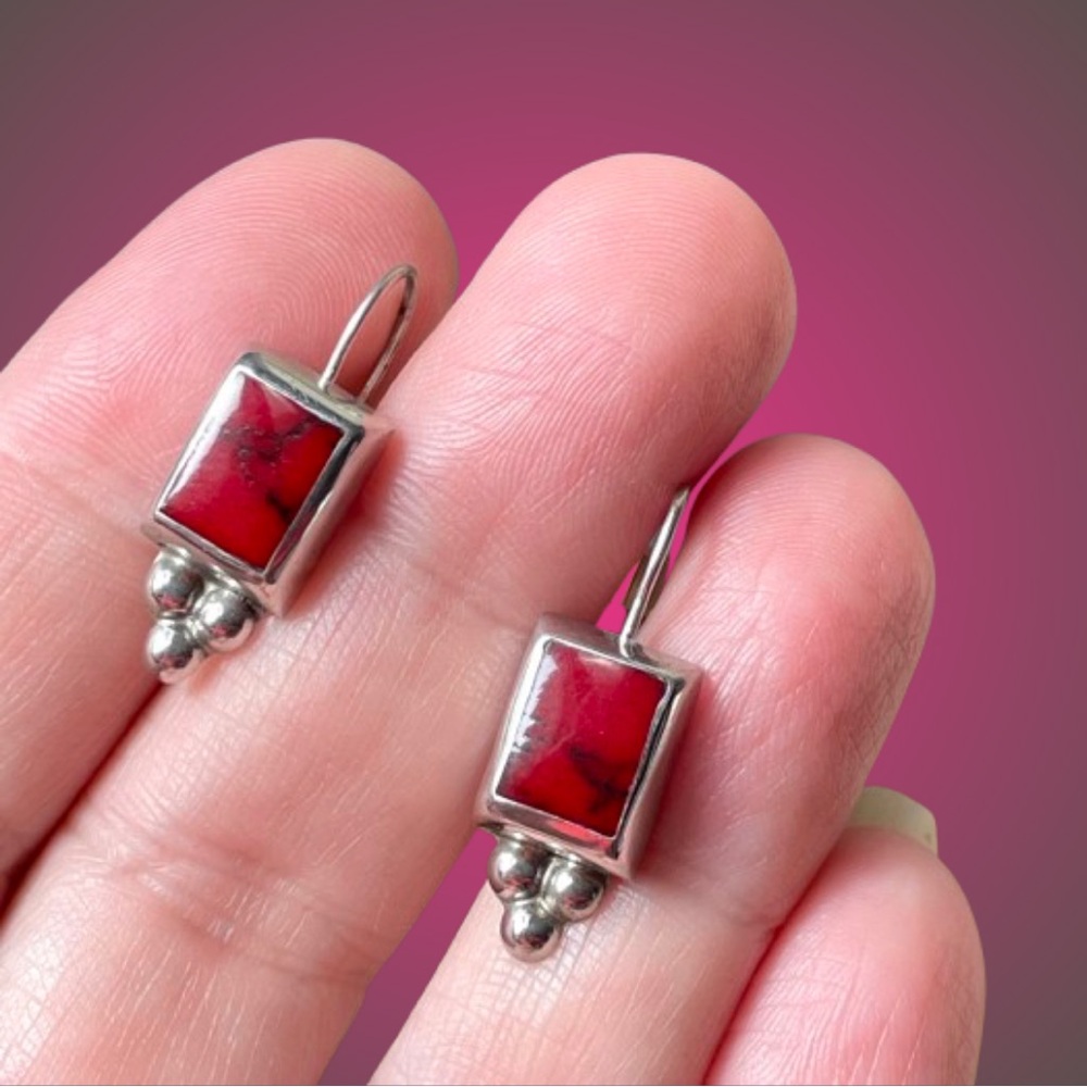 Vintage stamped 925 sterling silver ATI red jasper earrings